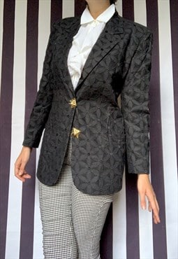 Vintage 80s black blazer, floral embroidery, jewel buttons