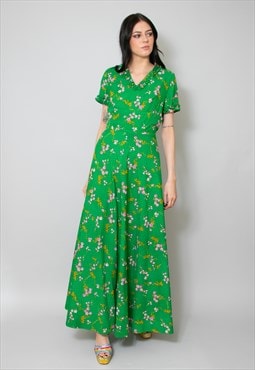 Vintage 70's Green Short Sleeve Ruffle Floral Maxi Dress