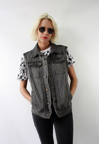 VINTAGE 90'S BLACK DENIM WAISTCOAT WITH POCKETS