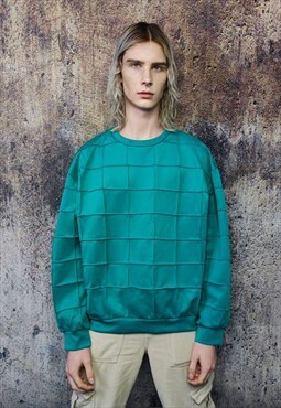 Textured sweatshirt square pattern jumper check top in green