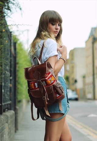 LEATHER AND CARPET RUCKSACK BACKPACK DARK BROWN