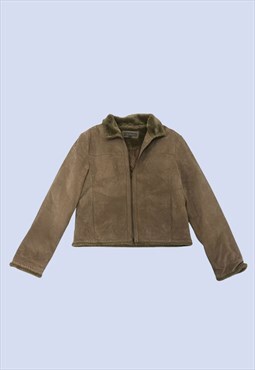 Khaki Green Brown Suede Faux Fur Collar Zip Casual Jacket