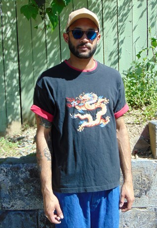 90S SKATER FADED BLACK DRAGON EMBROIDERED TEE SHIRT LARGE
