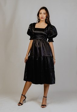 Black Satin Tie Back Puff Short Sleeve Tiered Midi Dress