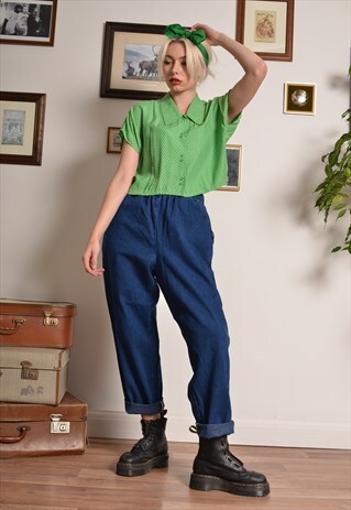 VINTAGE 90S ELASTICATED TROUSERS IN DARK BLUE DENIM
