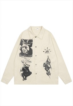 Punk denim jacket Gothic print distressed jean varsity cream