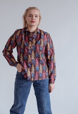Vintage 70s Fitted Long Sleeve Ditsy Floral Printed Blouse M