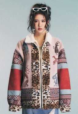 Leopard fleece animal print jacket padded bomber punk coat 