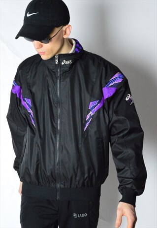 VINTAGE 90S BLACK ASICS SHELL WINDBREAKER JACKET