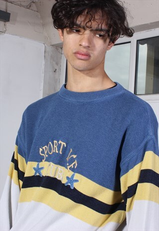 VINTAGE ICE SPORT BLUE, YELLOW AND WHITE KNITTED JUMPER