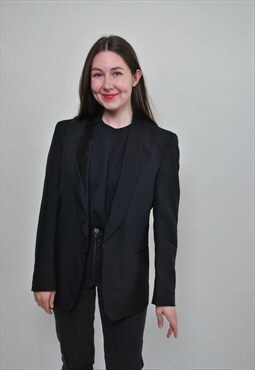 Women vintage blazer, black smoking jacket 90's polyester 