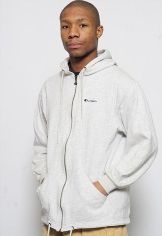 VINTAGE CHAMPION LOGO FULL ZIP SWEATSHIRT HOODIE GREY