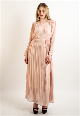 Pleated Maxi Dress with Long Sleeves in Beige Pink color