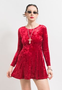 Vintage mini velvet dress in red long sleeve