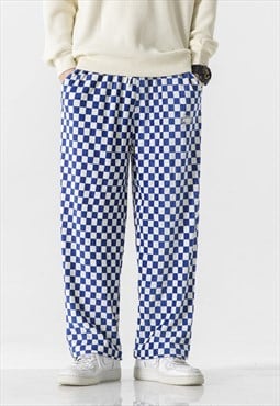 Check joggers velvet glitch pants chequerboard trousers blue