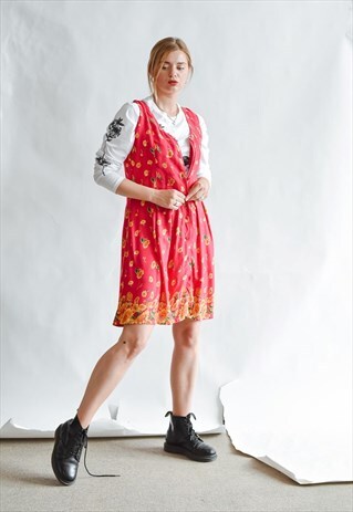 VINTAGE 90S FESTIVAL RED SLEEVELESS DRESS IN SUNFLOWERS PRIN