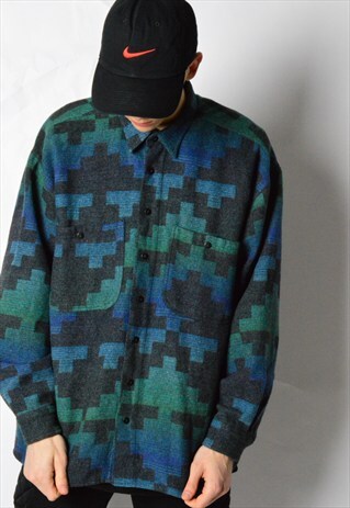 VINTAGE 80S BLUE GREEN AZTEC PRINT WOOL BLEND LONG SLEEVE SH