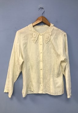 Vintage Shirt Cream Crochet Collar Acrylic Wool 