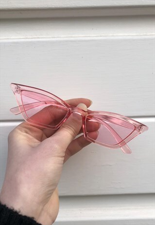 WOMENS VINTAGE 90S PINK CAT EYE THIN POINTY SUNGLASSES