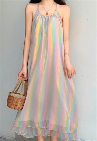 AESTHETIC HOLOGRAPHIC SPAGHETTI STRAP MAXI DRESS