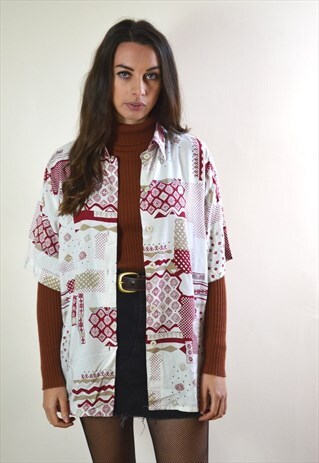 1990S VINTAGE WHITE & RED ABSTRACT PRINTED SHIRT
