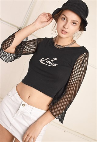 Y2K RETRO MESH SLEEVE KITSCH FESTIVAL CROP TOP