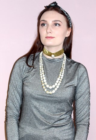90S VINTAGE STATEMENT GOLD AND WHITE BEADED CHOKER NECKLACE