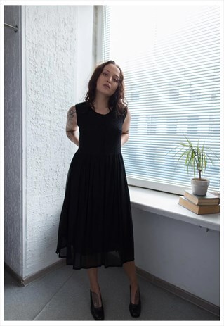 VINTAGE 80'S BLACK MIDI EMBROIDERED TOP SLEEVELESS DRESS