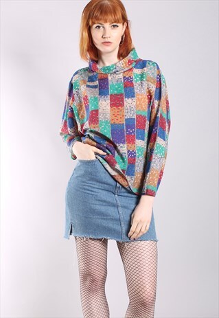 VINTAGE 80S ABSTRACT CHECK PATTERNED ROLL NECK LOOSE FIT TOP