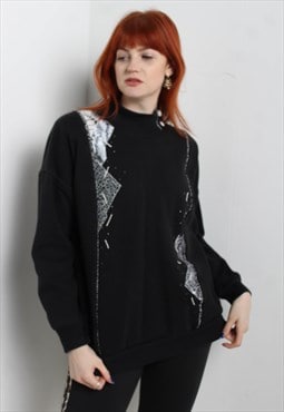 Vintage 80's Patterned Shoulder Padded Sweatshirt Black