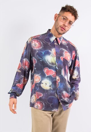 VINTAGE CRAZY PATTERN SHIRT LOVE HEART PRINT