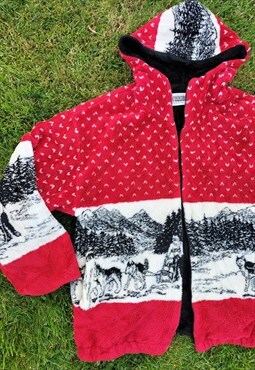Vintage 90's Nordic Snow Dog Red Hooded Fleece Lined Jacket
