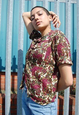 60S PUSSY BOW PURPLE AND GREEN BLOUSE