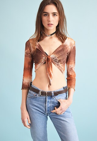 90'S RETRO ORIENTAL PRINT TIE UP MESH KITSCH TEEN CROP TOP