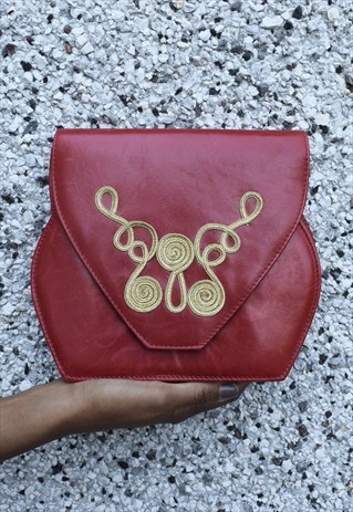 VINTAGE 90'S RED AND GOLD LEATHER CLUTCH BAG