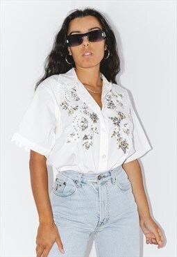 80s Vintage Cottage Core Embroidered Short Sleeves Shirt