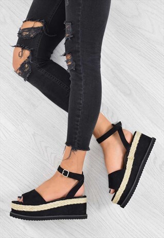 BRAIDED ESPADRILLE WEDGE SANDALS - BLACK SUEDE