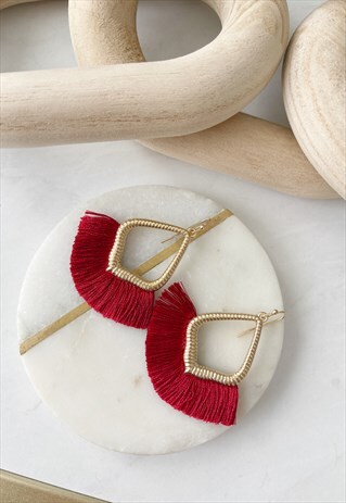 GOLD FRINGE HOOK BURGUNDY RED SILVER TASSEL DROP EARRINGS