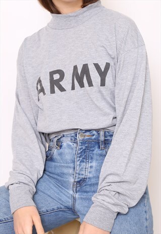 VINTAGE 90S GREY ARMY POLO HIGH TURTLE NECK TOP