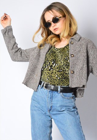 VINTAGE 90S GREY BROWN MIX CROPPED THICK SHIRT PETITE
