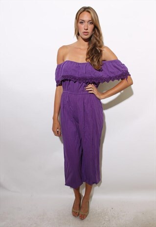 VINTAGE 1980'S 80'S PURPLE COTTON GAUZE CROCHET JUMPSUIT M-L