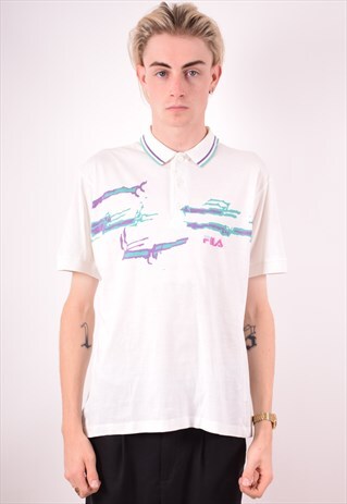 FILA MENS VINTAGE POLO SHIRT MEDIUM WHITE 90S