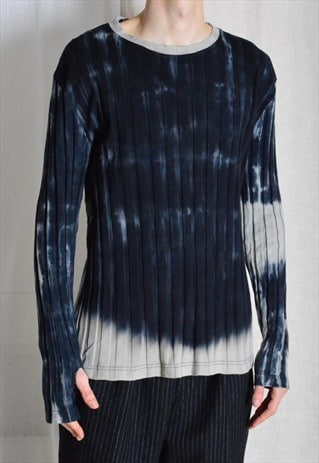 Y2K Navy Blue Gray Tie Dye Ribbed Grunge Long Sleeve Shirt