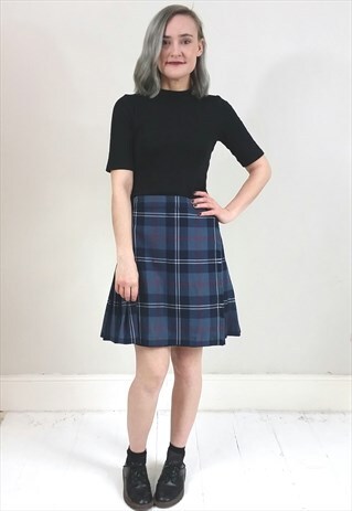 VINTAGE 80'S BLUE TARTAN WRAP MINI SKIRT W/ PLEATED BACK