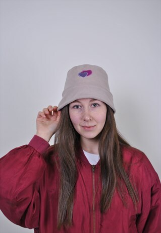 90S BEIGE BUCKET HAT, VINTAGE HEART PRINT SUN HAT