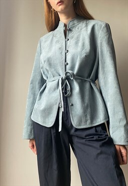 Vintage Blue Faux Suede Mandarin Collar Jacket Size L