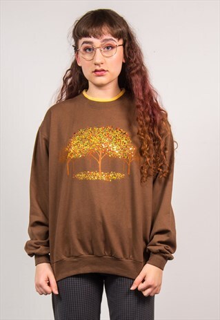 VINTAGE 90'S BROWN GLITTERY TREE PRINT SWEATSHIRT