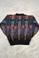 VINTAGE KNITTED JUMPER ABSTRACT PATTERNED V-NECK SWEATER