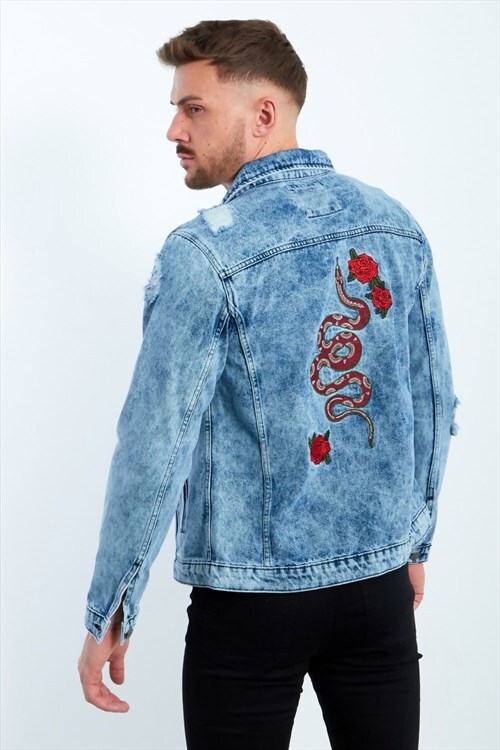 mens snake embroidered distressed denim jacket