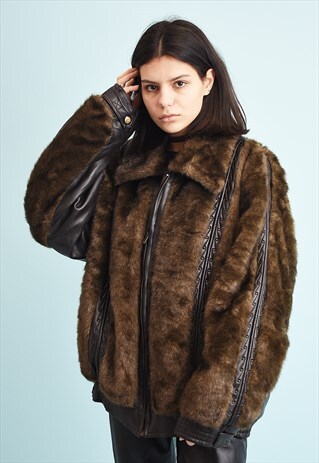 80'S RETRO FAUX FUR BOMBER FAUX LEATHER DETAILED JACKET